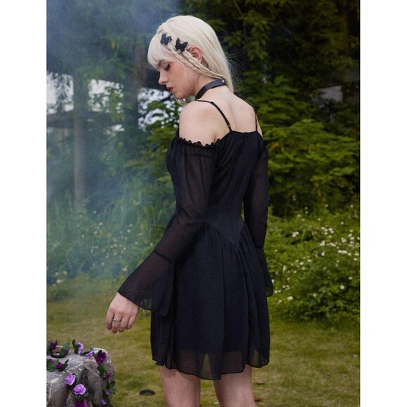 ROMWE Dresses & Skirts - Romwe Dress Women's Lg Black Whimsygoth Fairy Off Shoulder Sheer Bell Sleeve NWT